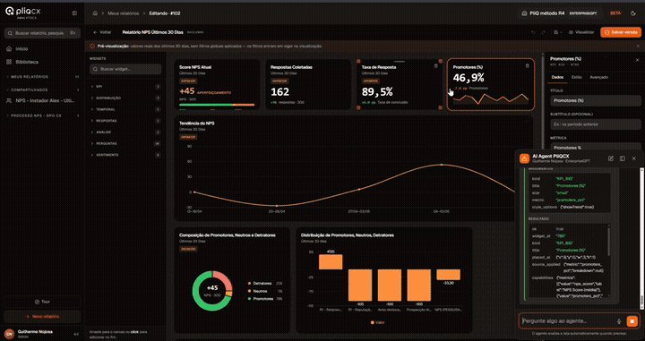 Demonstração do AI Agent do PliQCX Analytics analisando NPS em tempo real